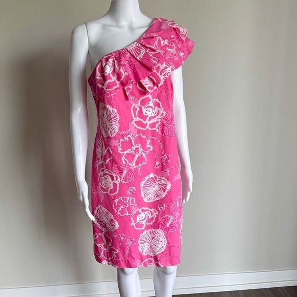 Lily Pulitzer One Shoulder Sandra Ruffle Dress Size 10 Pink - Picture 2 of 8